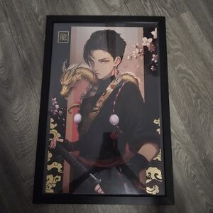 Framed Anime Art with Lunar New Year Dragon and Floral Accents